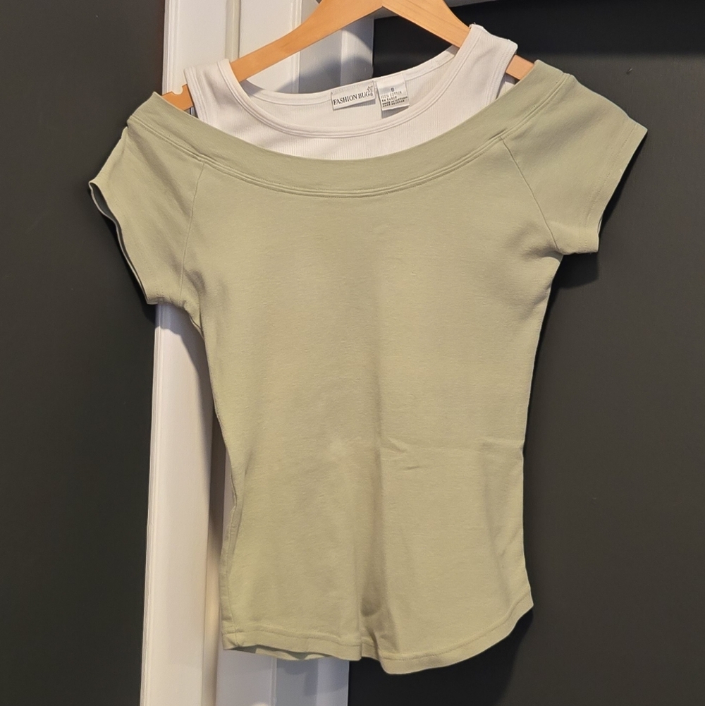 Fashion Bug vintage green off shoulder layered top with built in white tank